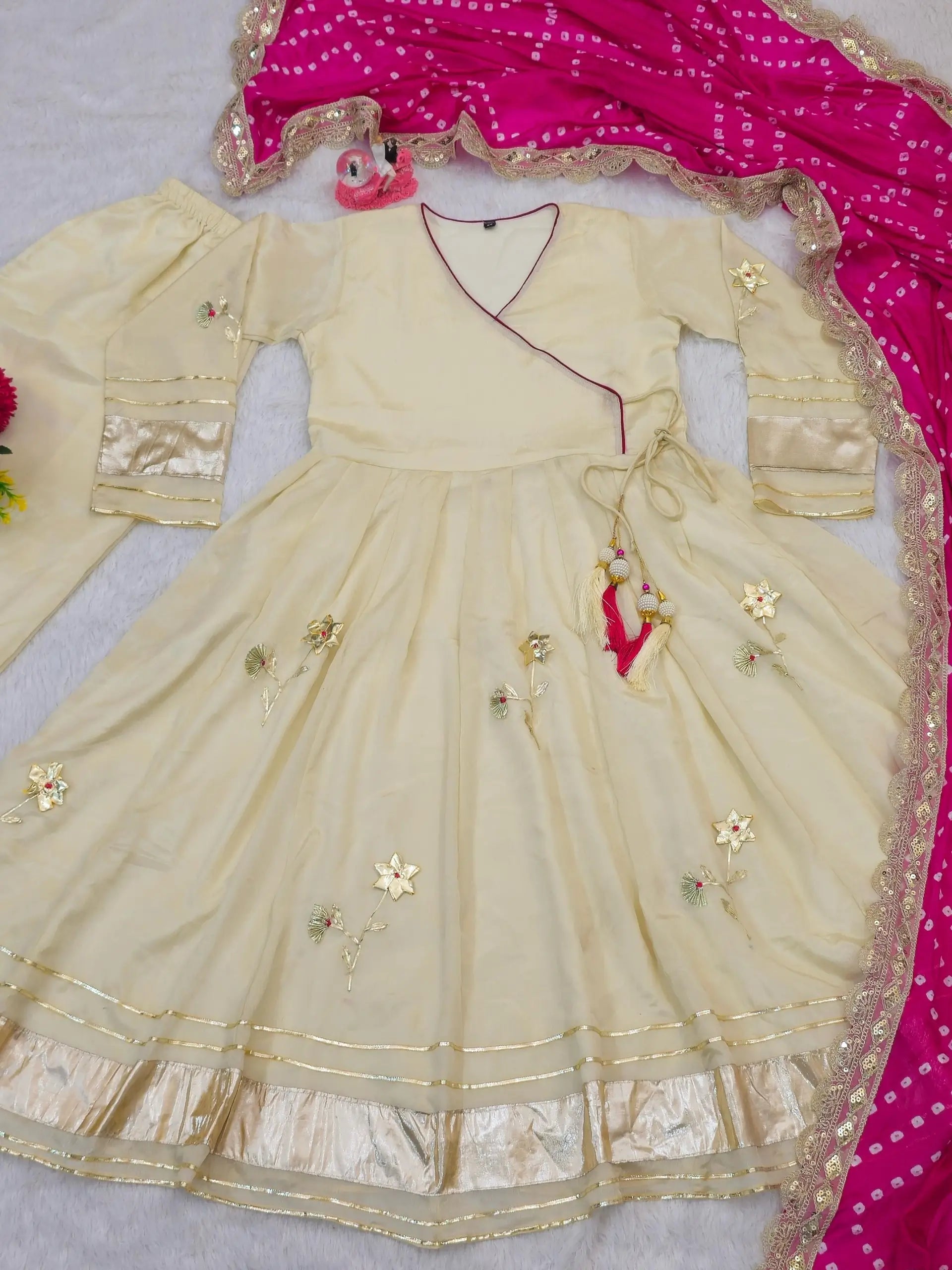 Handcrafted Chinon Anarkali Palazzo Set with Bandhani Dupatta