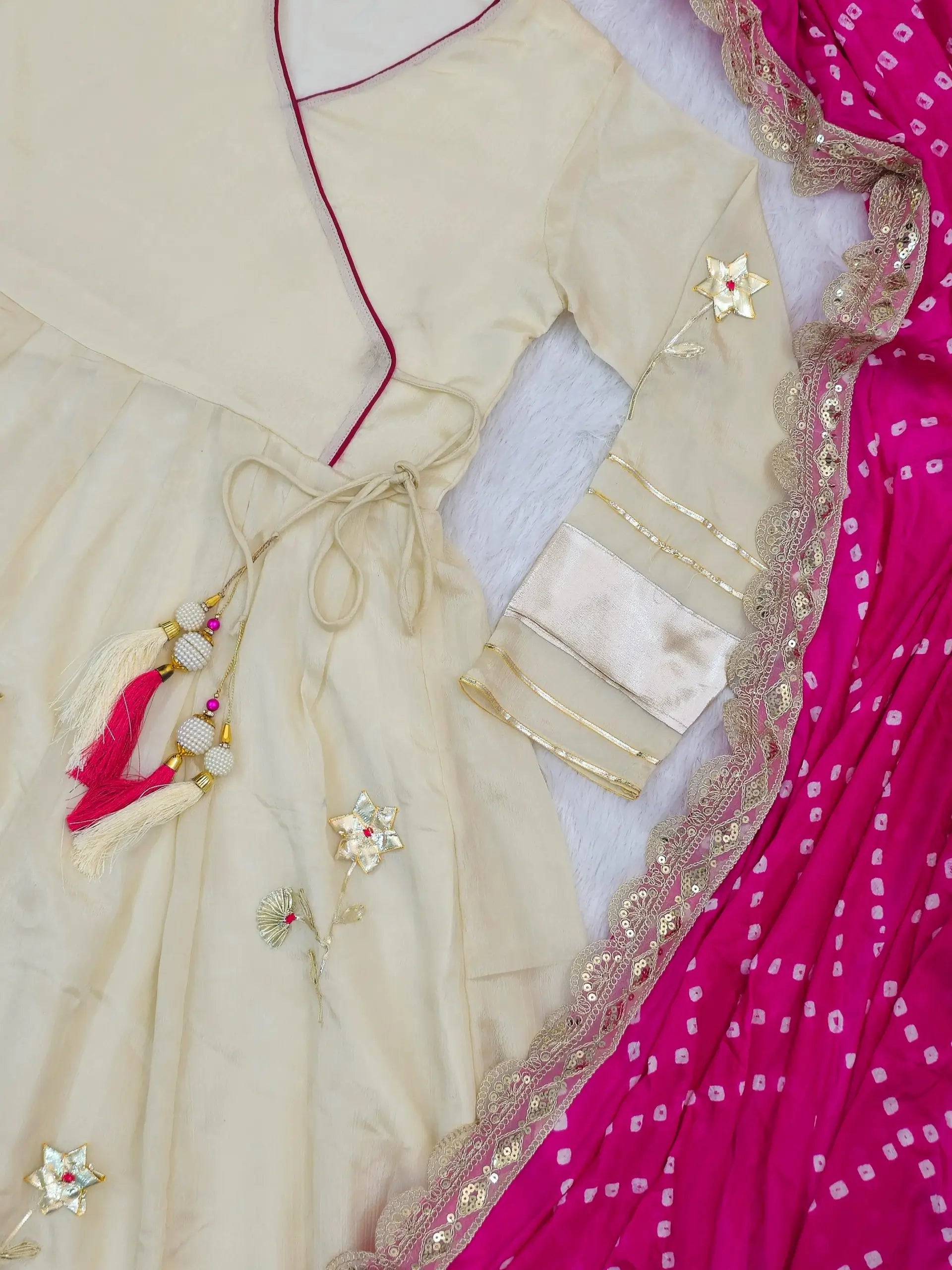 Handcrafted Chinon Anarkali Palazzo Set with Bandhani Dupatta