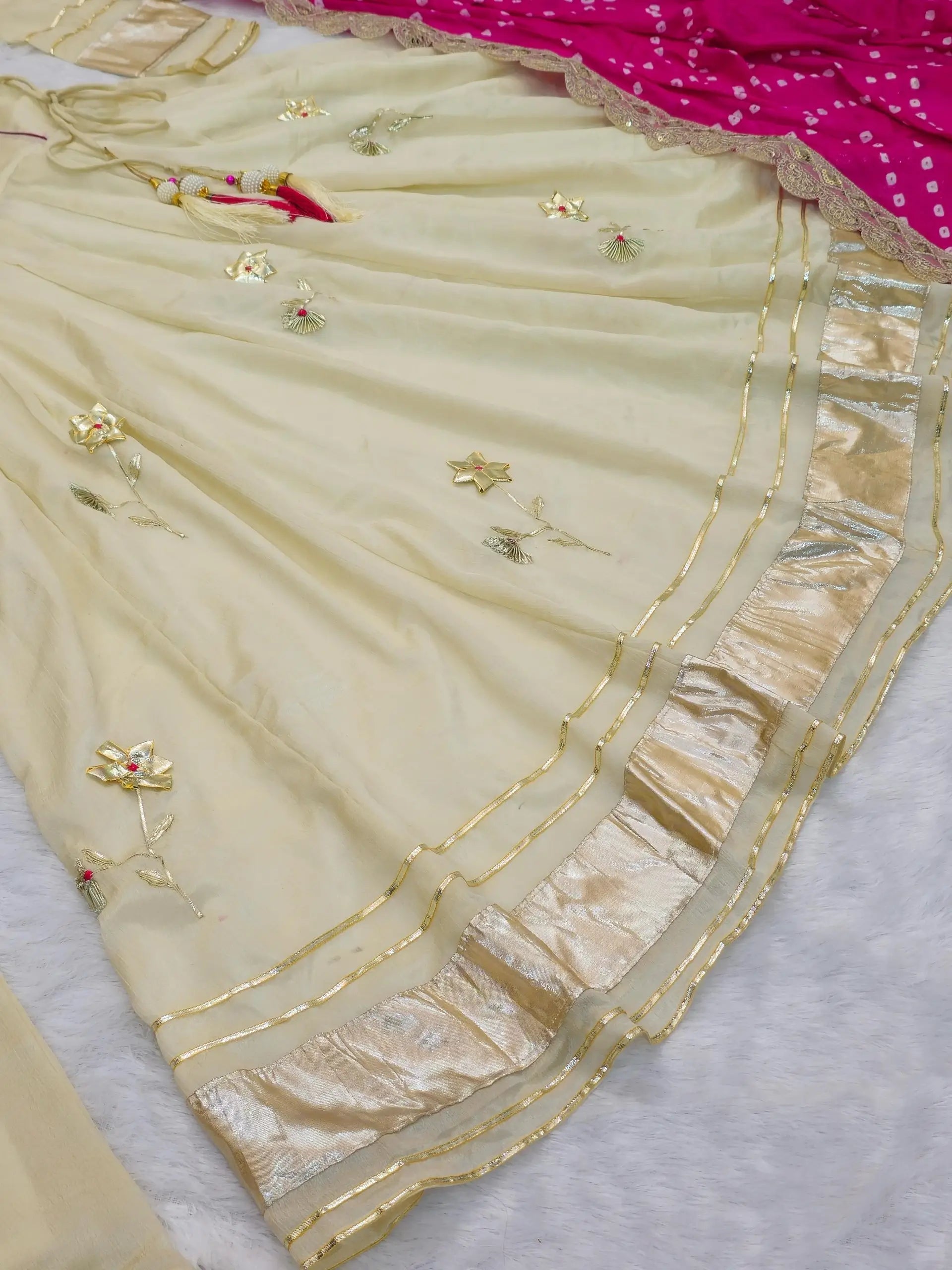 Handcrafted Chinon Anarkali Palazzo Set with Bandhani Dupatta