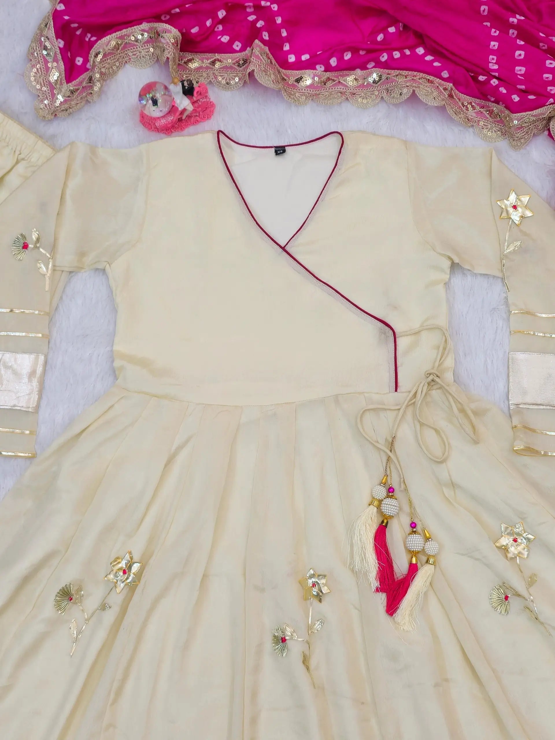 Handcrafted Chinon Anarkali Palazzo Set with Bandhani Dupatta