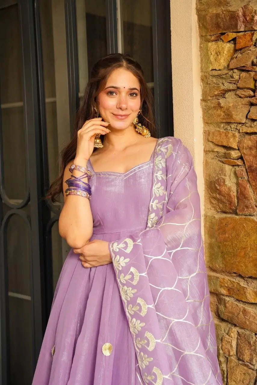 Handcrafted Chinon Anarkali Palazzo Set with Bandhani Dupatta