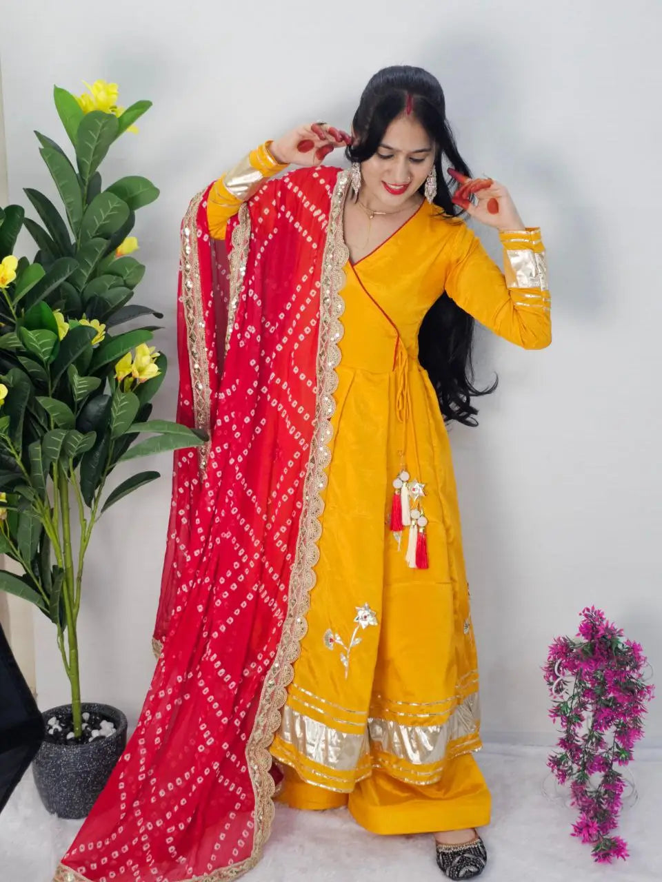 Handcrafted Chinon Anarkali Palazzo Set with Bandhani Dupatta