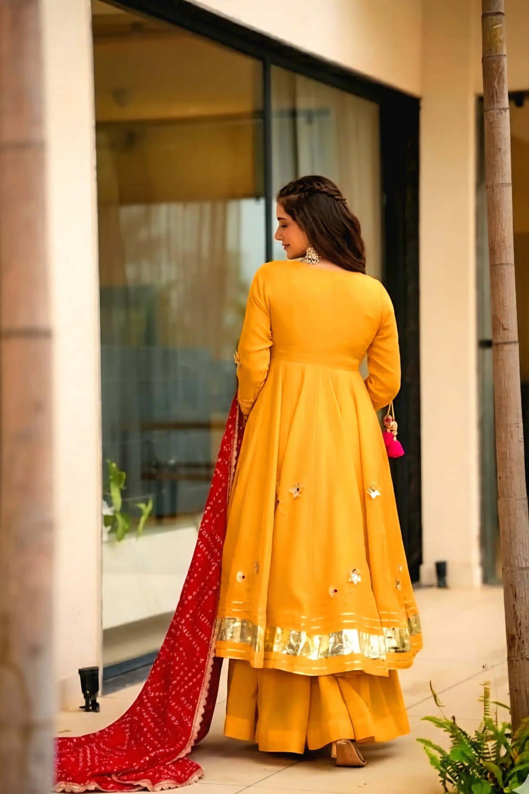 Handcrafted Chinon Anarkali Palazzo Set with Bandhani Dupatta