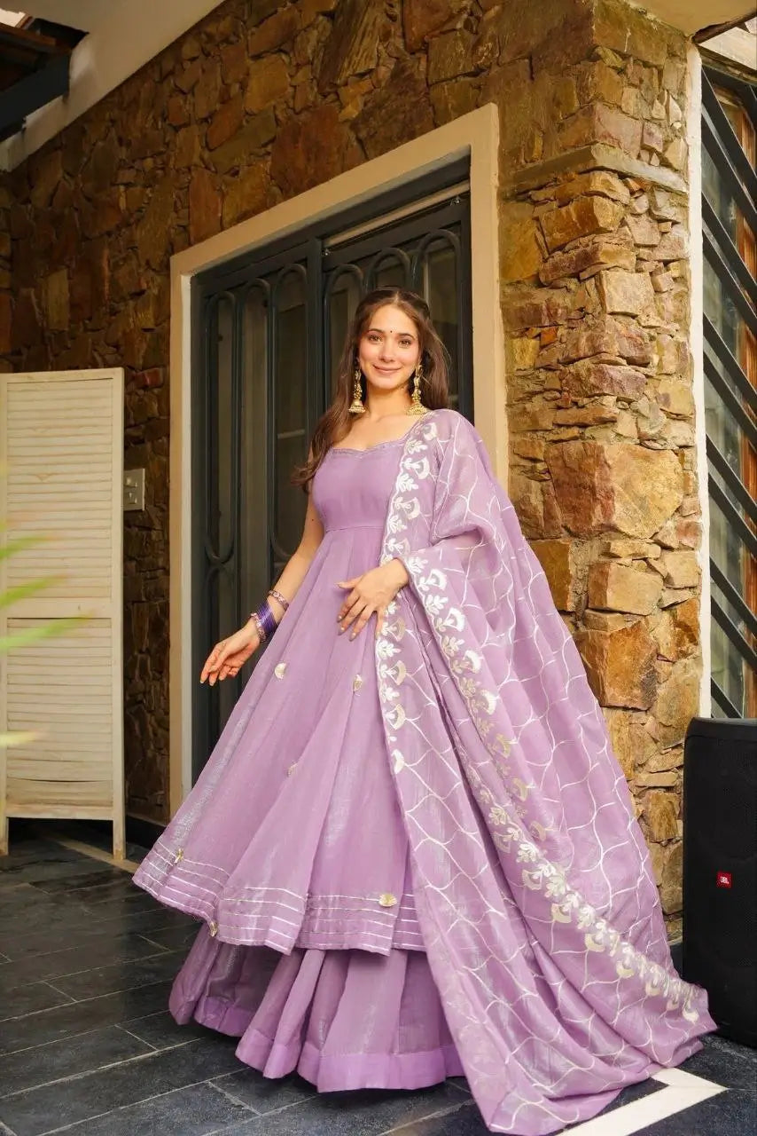 Handcrafted Chinon Anarkali Palazzo Set with Bandhani Dupatta