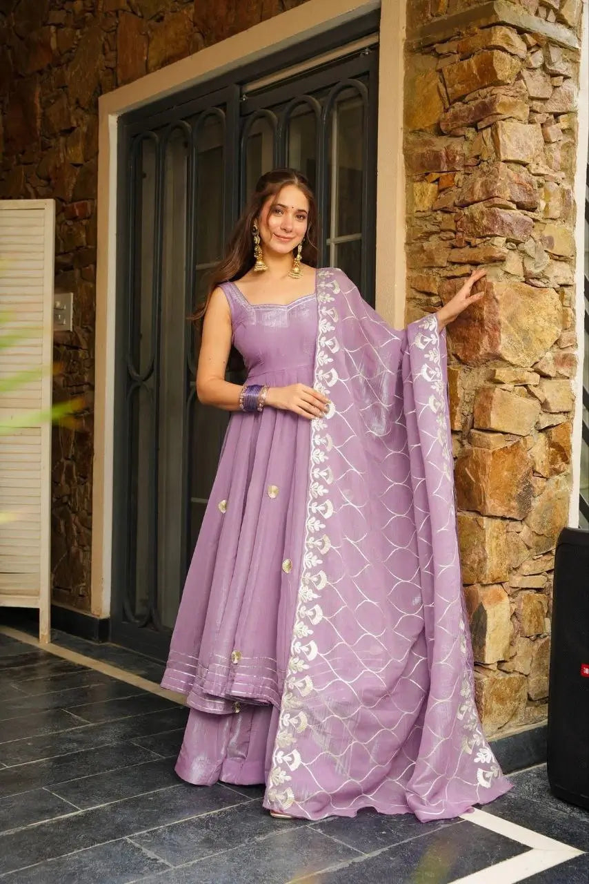 Handcrafted Chinon Anarkali Palazzo Set with Bandhani Dupatta