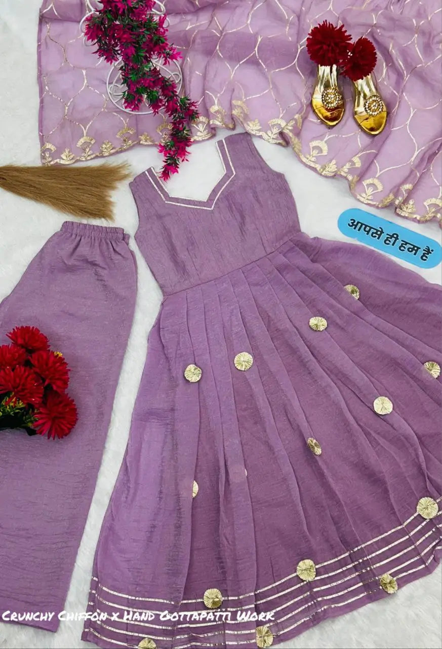 Handcrafted Chinon Anarkali Palazzo Set with Bandhani Dupatta