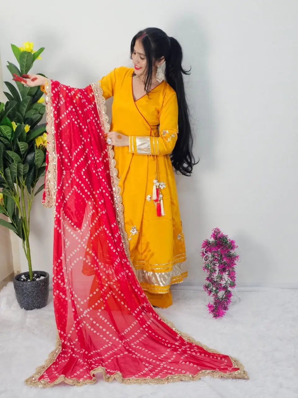 Handcrafted Chinon Anarkali Palazzo Set with Bandhani Dupatta