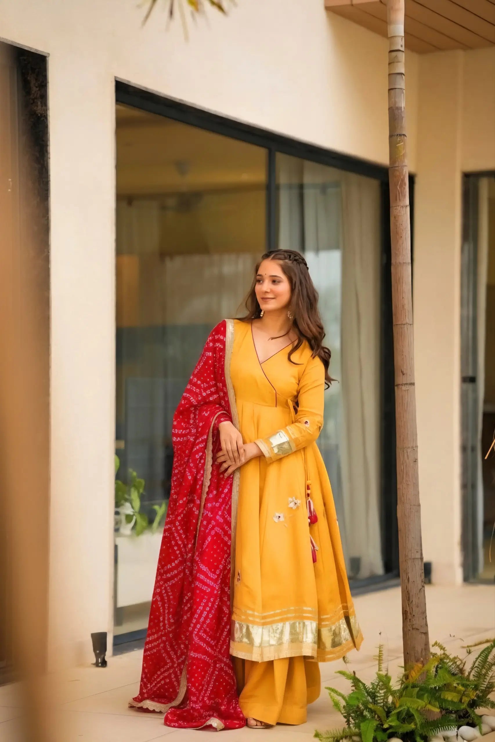 Handcrafted Chinon Anarkali Palazzo Set with Bandhani Dupatta