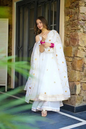 Handcrafted Chinon Anarkali Palazzo Set with Bandhani Dupatta