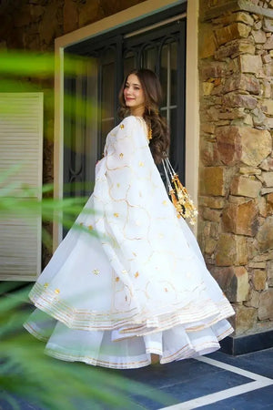 Handcrafted Chinon Anarkali Palazzo Set with Bandhani Dupatta