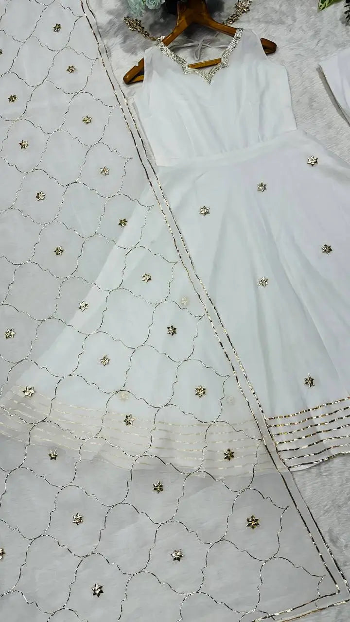 Handcrafted Chinon Anarkali Palazzo Set with Bandhani Dupatta