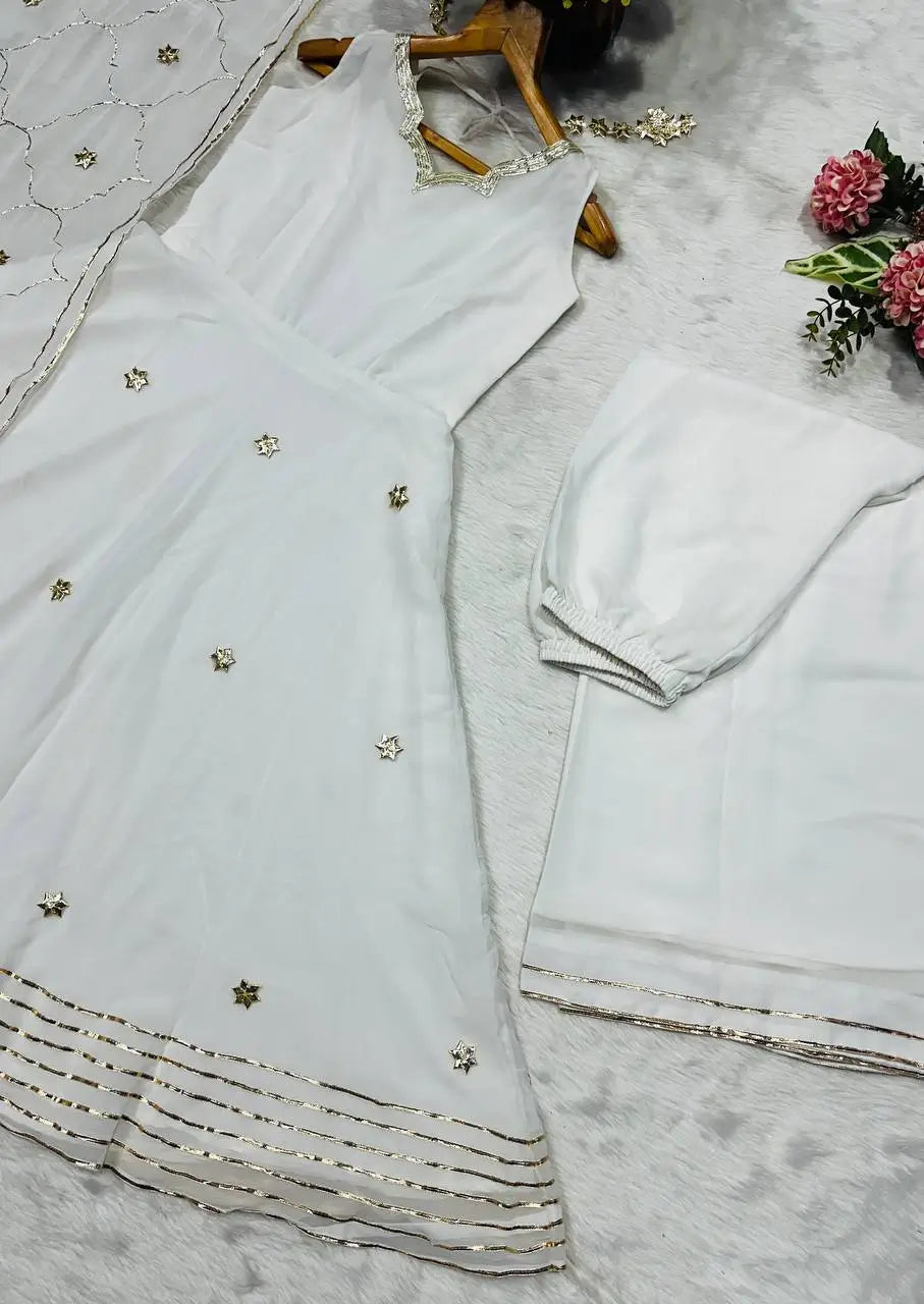 Handcrafted Chinon Anarkali Palazzo Set with Bandhani Dupatta