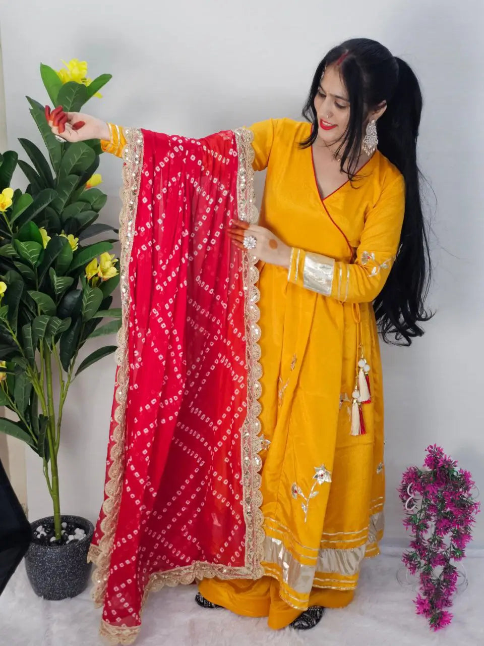 Handcrafted Chinon Anarkali Palazzo Set with Bandhani Dupatta