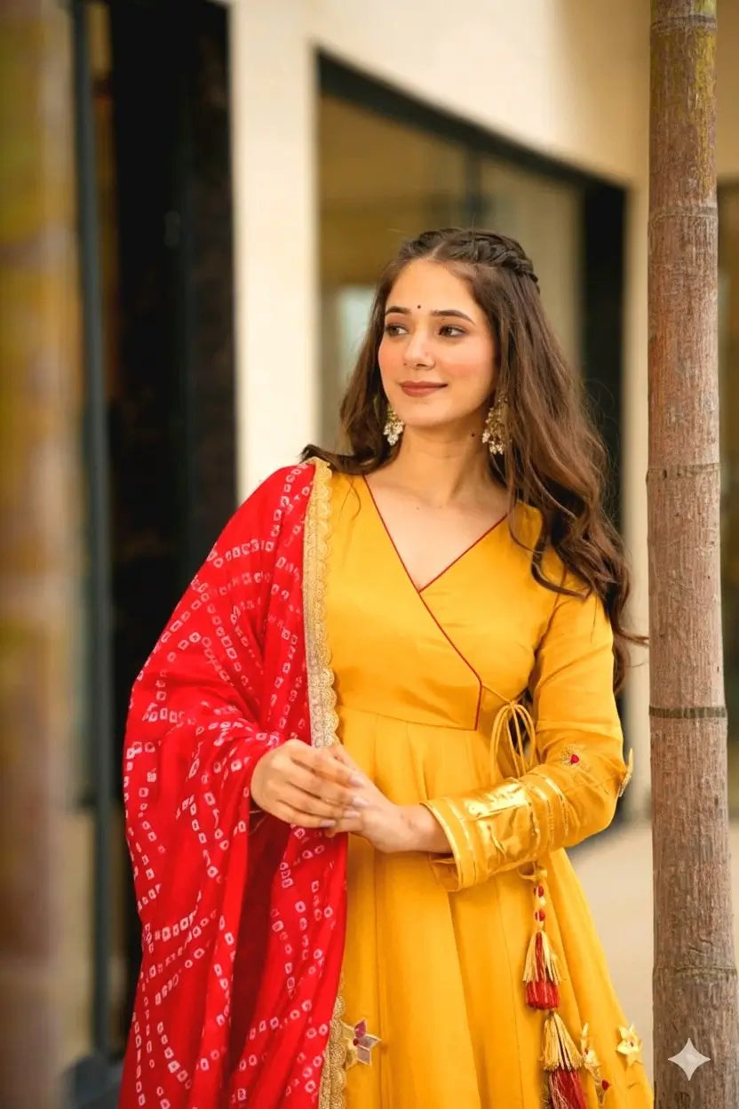 Handcrafted Chinon Anarkali Palazzo Set with Bandhani Dupatta
