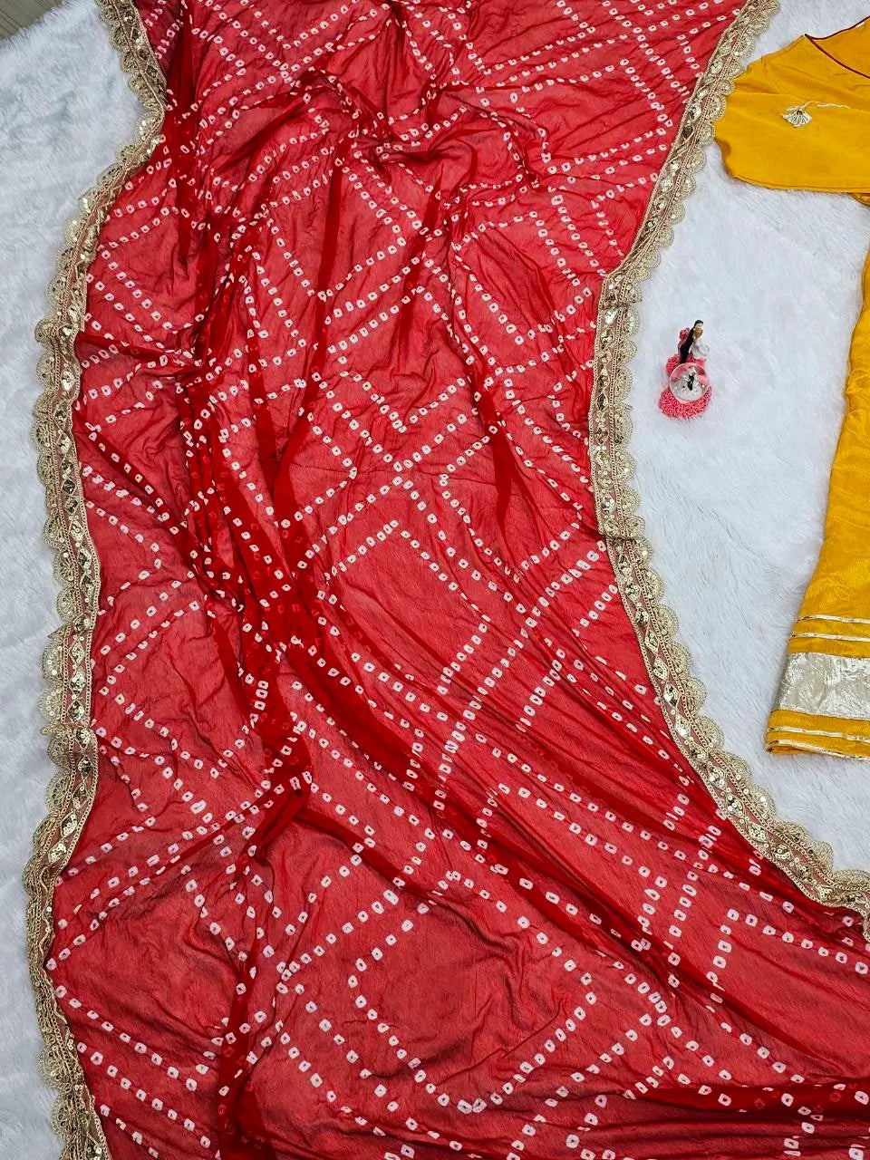 Handcrafted Chinon Anarkali Palazzo Set with Bandhani Dupatta