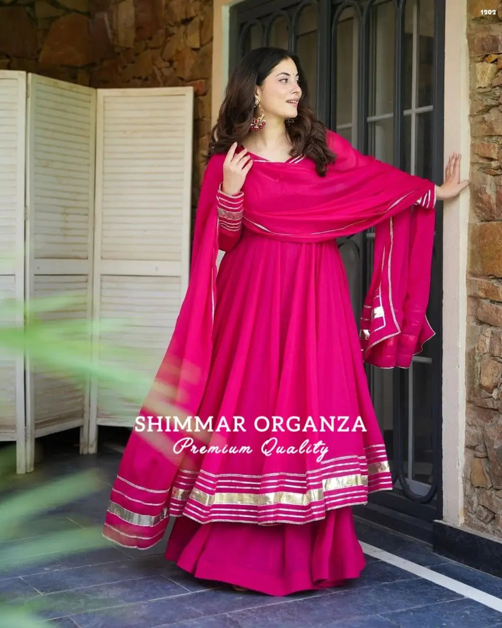 Handcrafted Chinon Anarkali Palazzo Set with Bandhani Dupatta