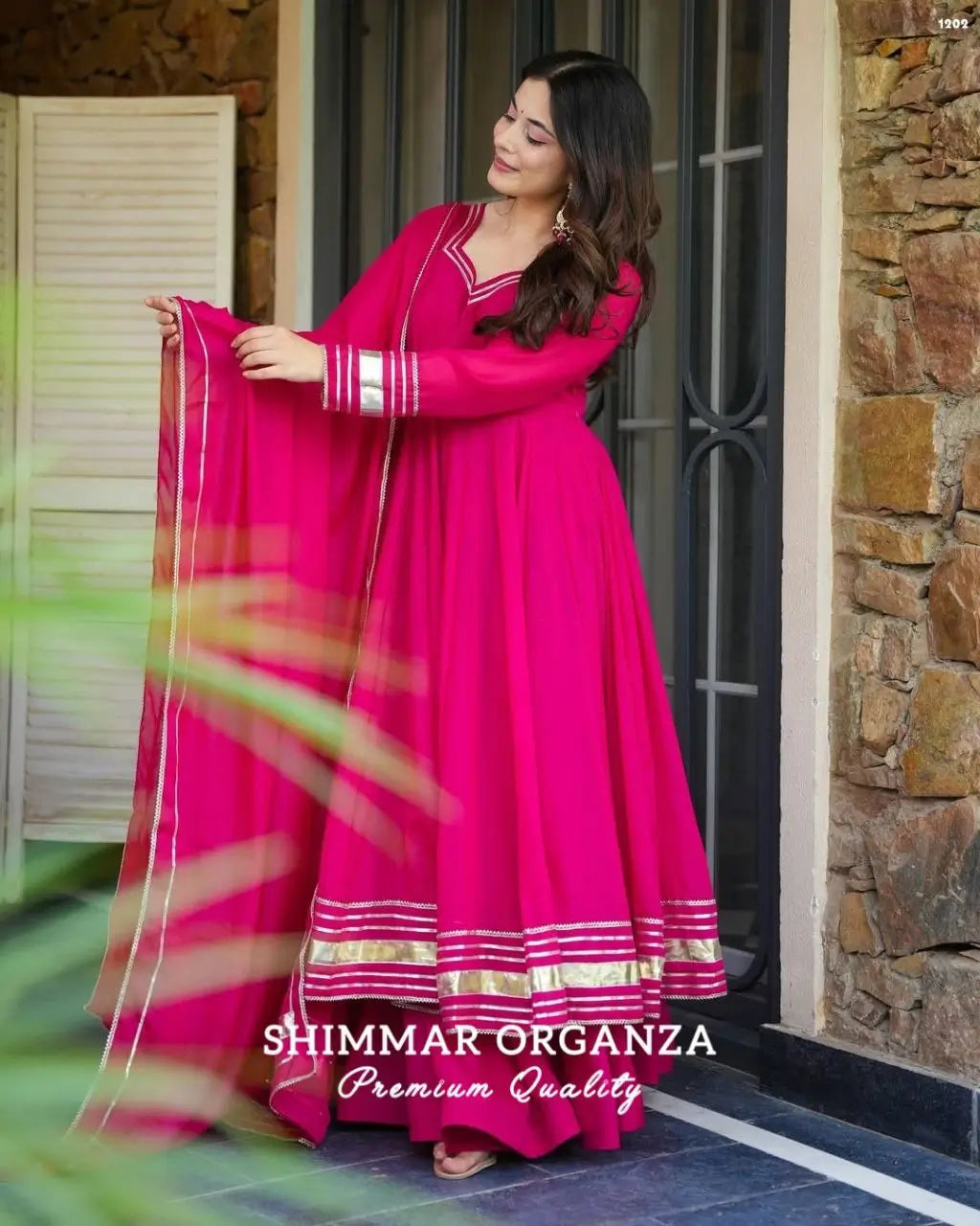 Handcrafted Chinon Anarkali Palazzo Set with Bandhani Dupatta