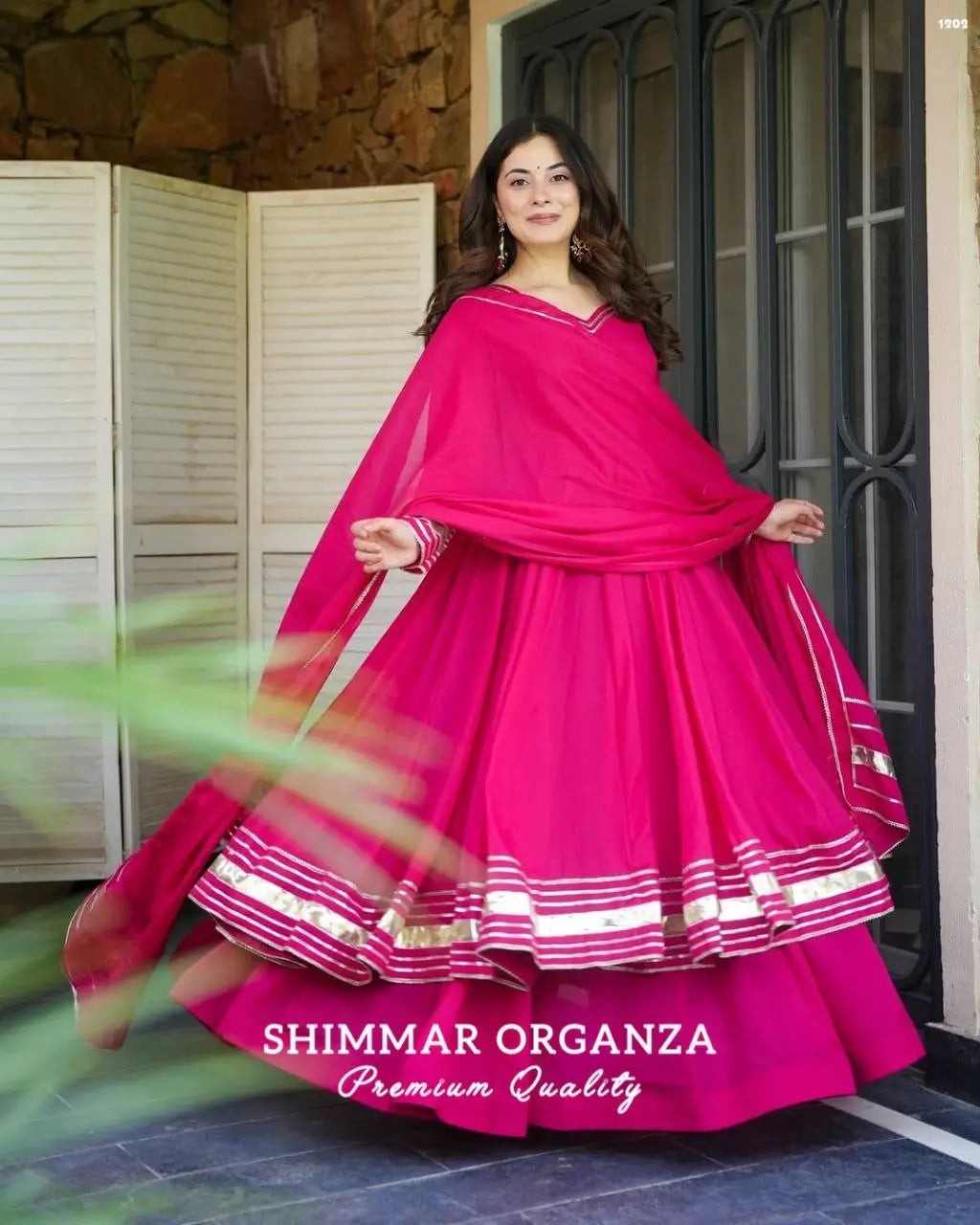 Handcrafted Chinon Anarkali Palazzo Set with Bandhani Dupatta