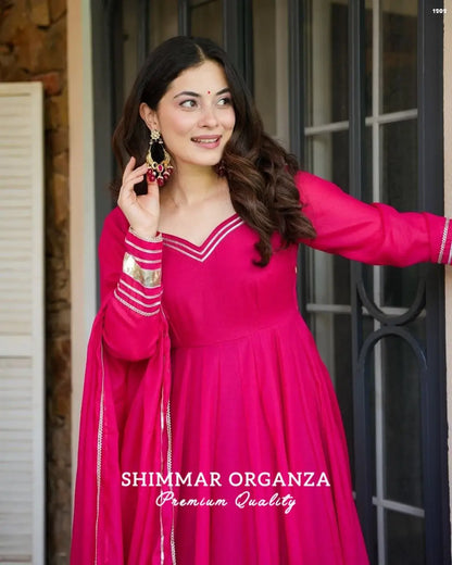 Handcrafted Chinon Anarkali Palazzo Set with Bandhani Dupatta