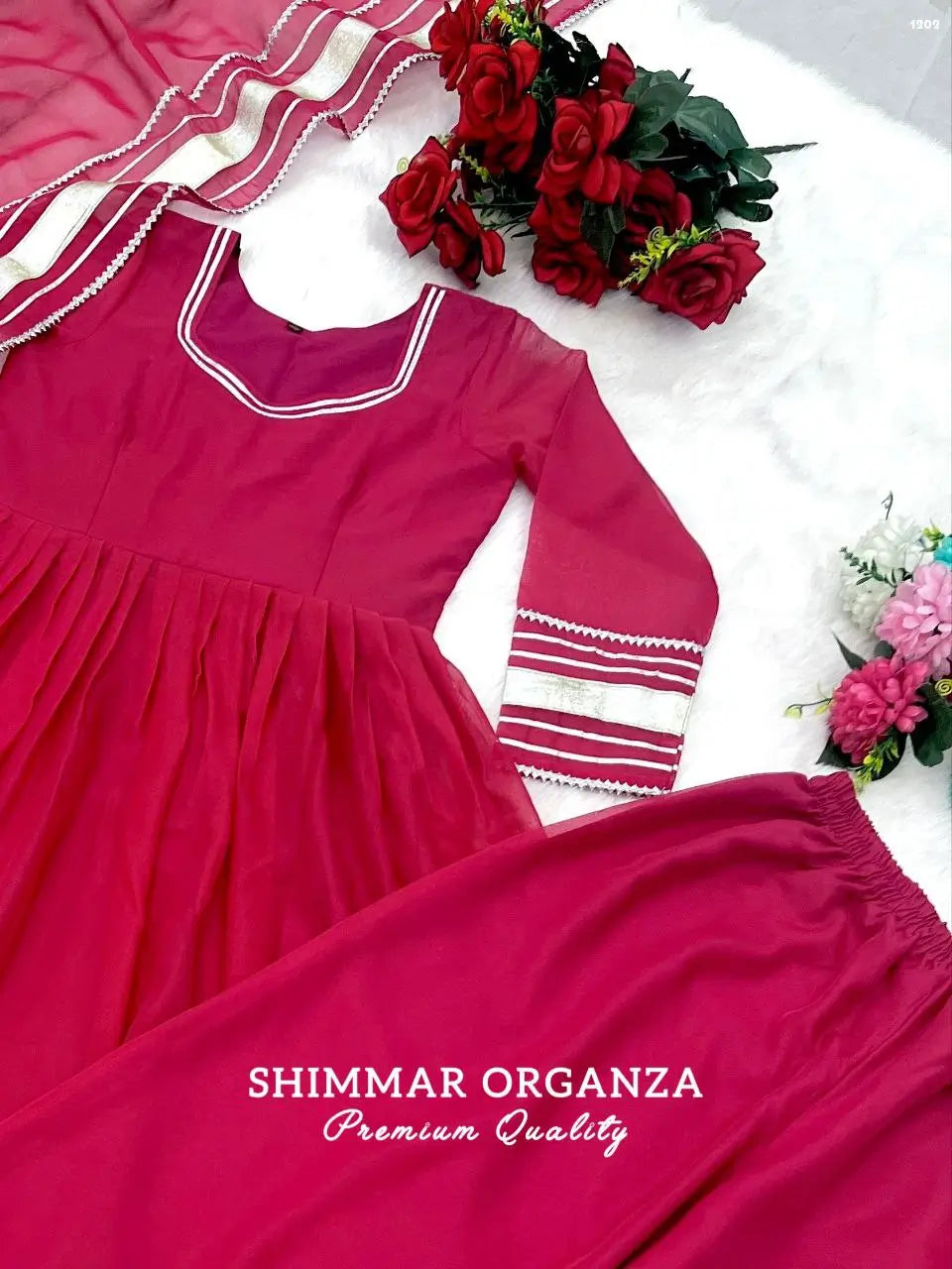 Handcrafted Chinon Anarkali Palazzo Set with Bandhani Dupatta