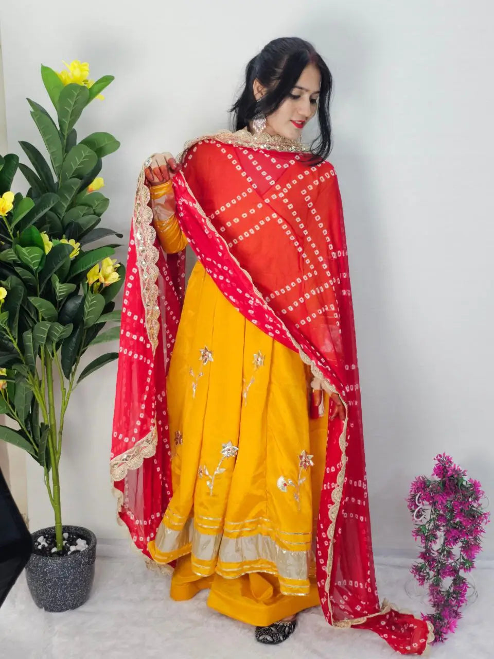 Handcrafted Chinon Anarkali Palazzo Set with Bandhani Dupatta