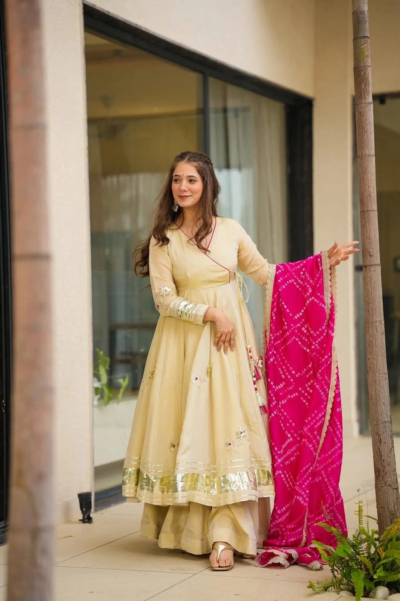 Handcrafted Chinon Anarkali Palazzo Set with Bandhani Dupatta