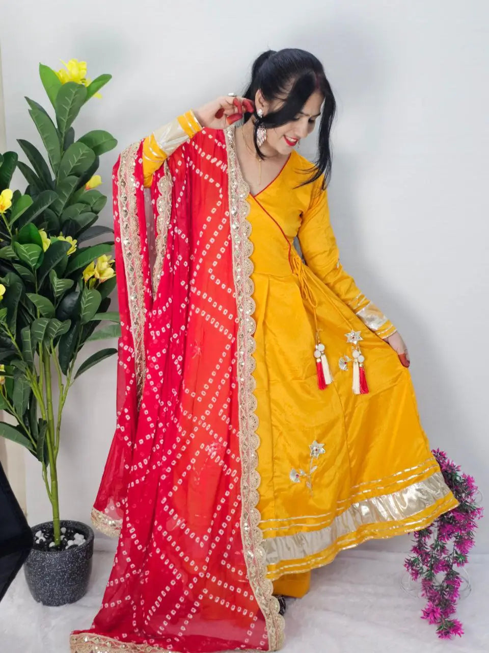 Handcrafted Chinon Anarkali Palazzo Set with Bandhani Dupatta