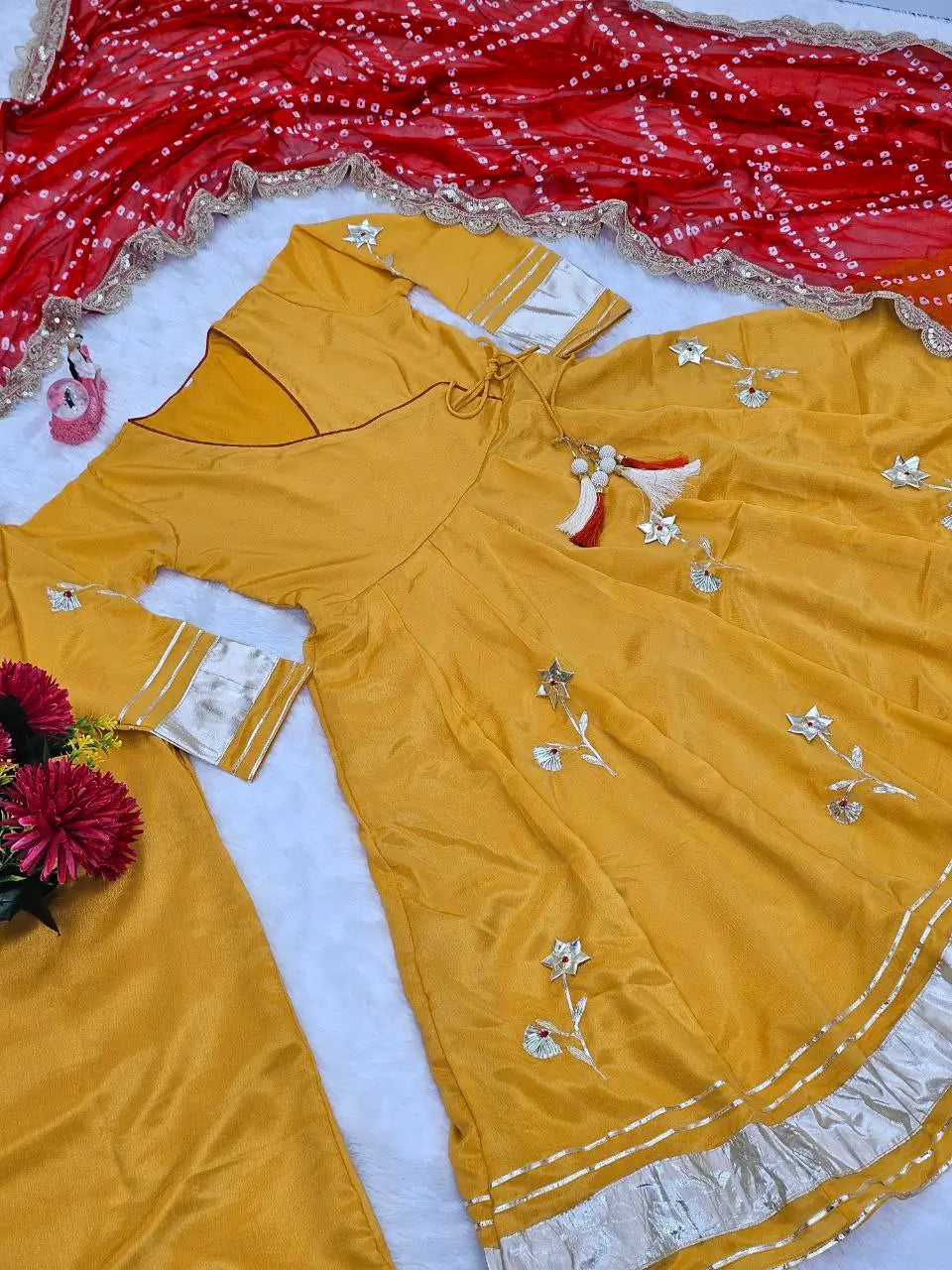 Handcrafted Chinon Anarkali Palazzo Set with Bandhani Dupatta