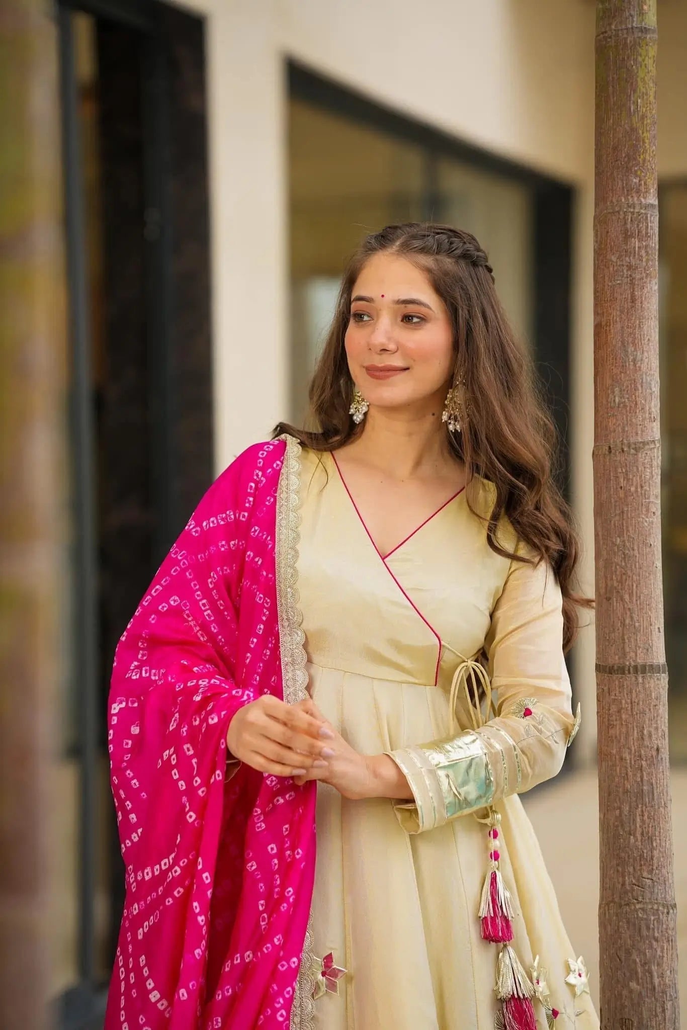 Handcrafted Chinon Anarkali Palazzo Set with Bandhani Dupatta