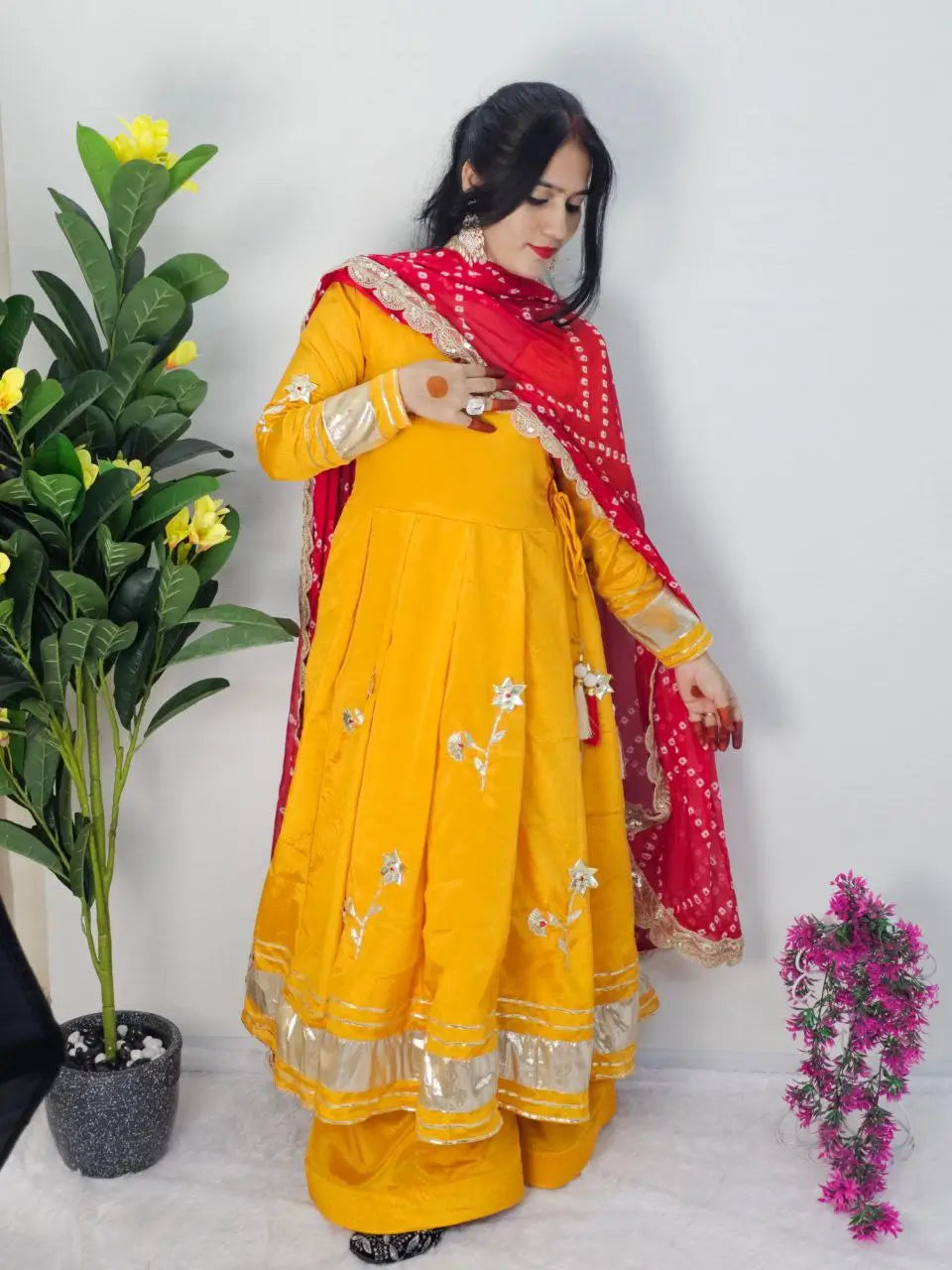 Handcrafted Chinon Anarkali Palazzo Set with Bandhani Dupatta