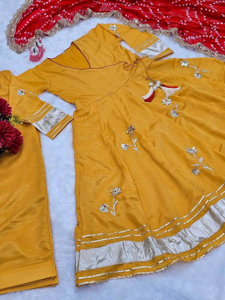 Handcrafted Chinon Anarkali Palazzo Set with Bandhani Dupatta