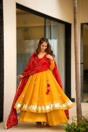 Handcrafted Chinon Anarkali Palazzo Set with Bandhani Dupatta