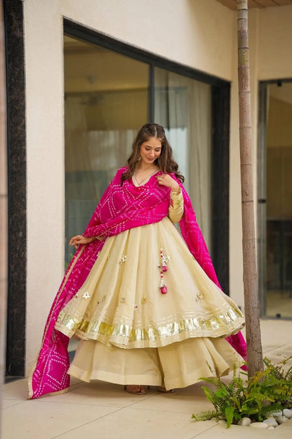 Handcrafted Chinon Anarkali Palazzo Set with Bandhani Dupatta