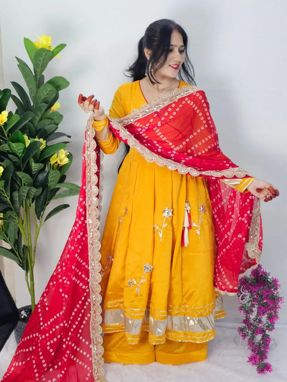 Handcrafted Chinon Anarkali Palazzo Set with Bandhani Dupatta