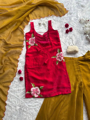 Handpainted Fendy Silk Kurta Set with Crunchy Plazo and Dupatta