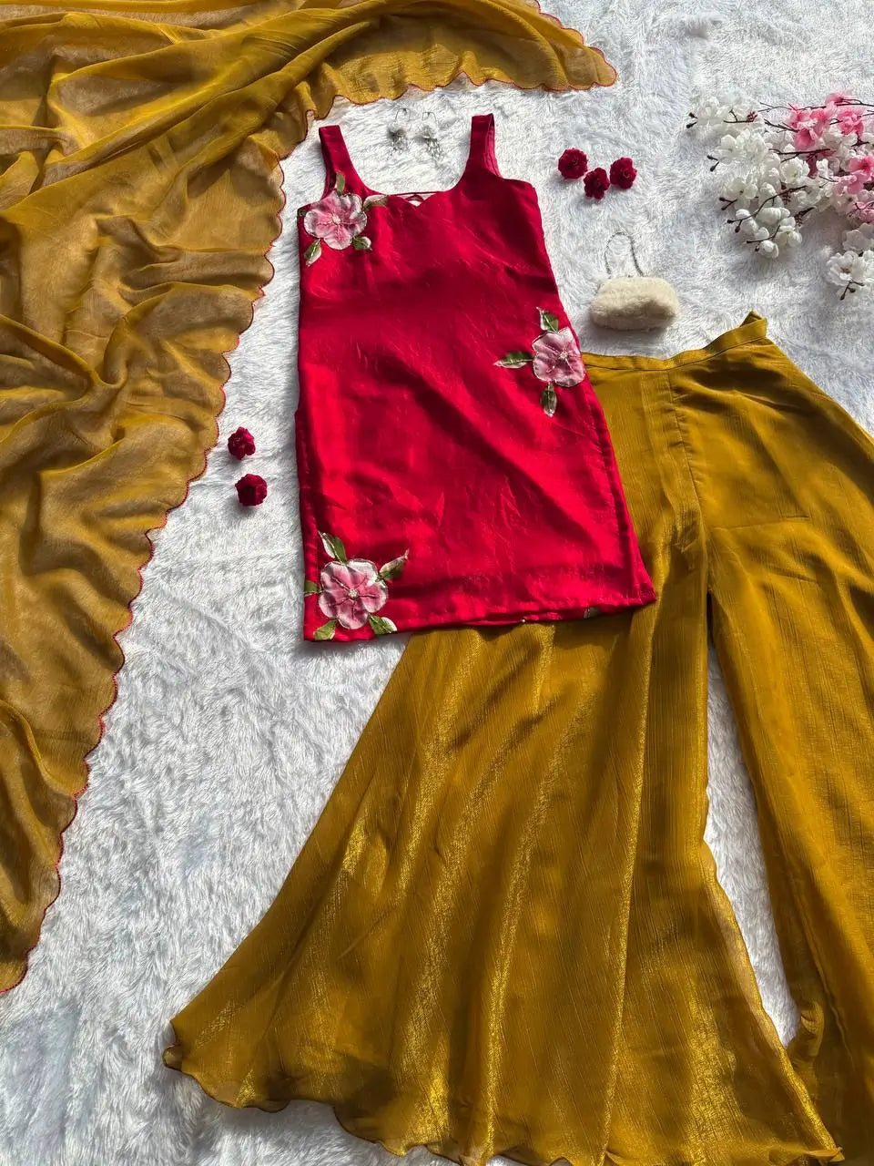 Handpainted Fendy Silk Kurta Set with Crunchy Plazo and Dupatta