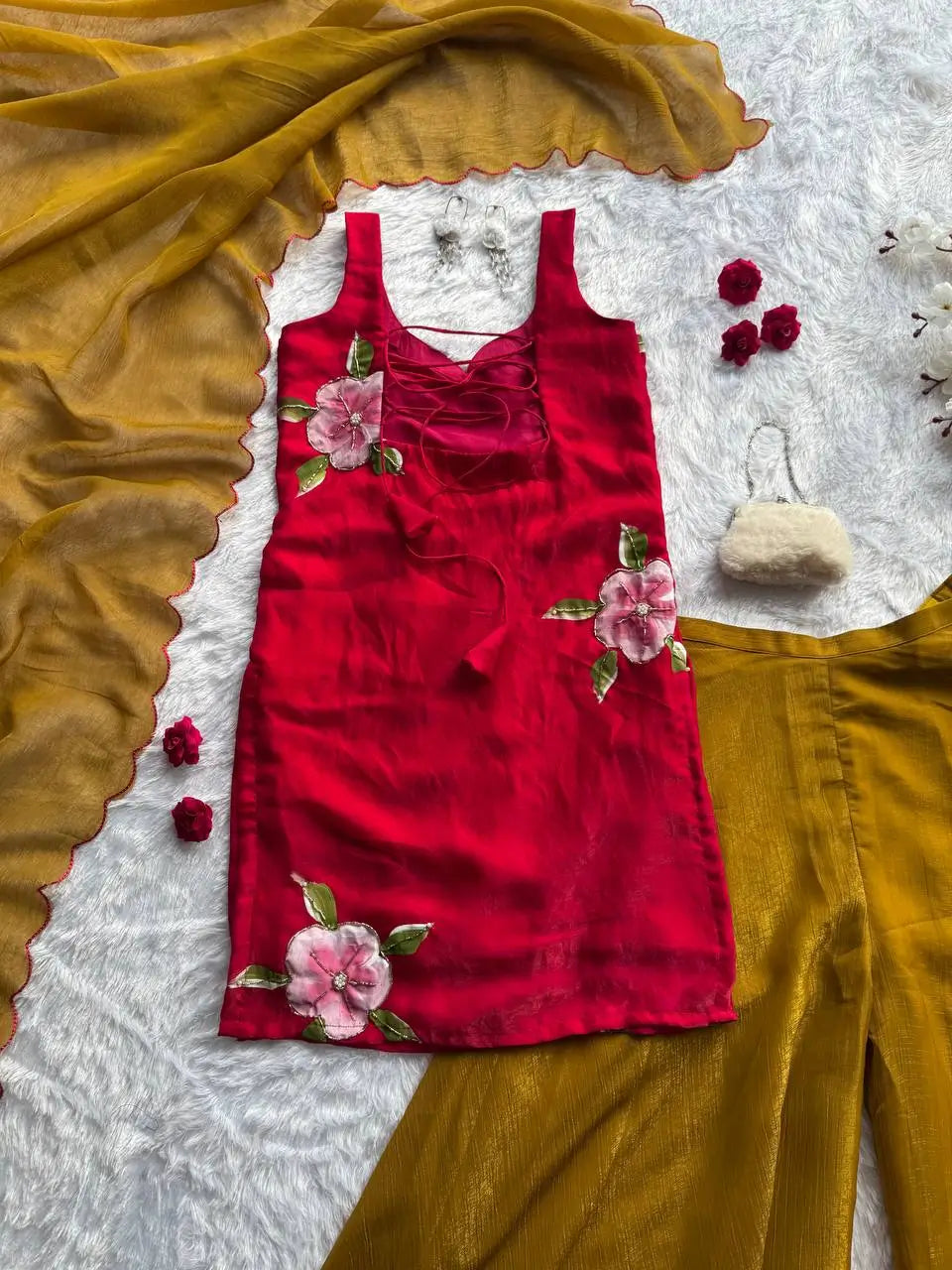 Handpainted Fendy Silk Kurta Set with Crunchy Plazo and Dupatta