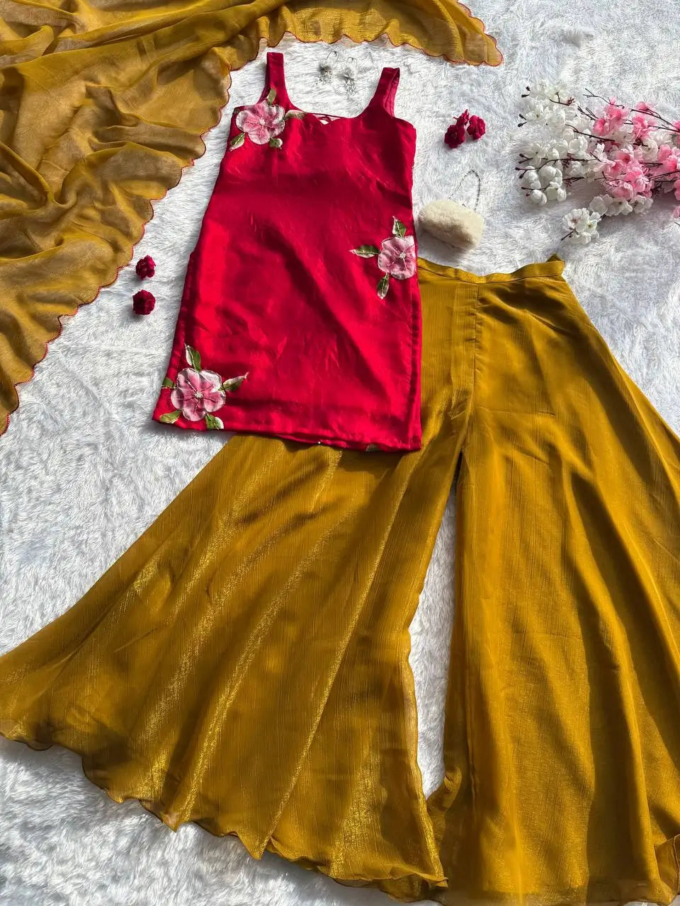 Handpainted Fendy Silk Kurta Set with Crunchy Plazo and Dupatta