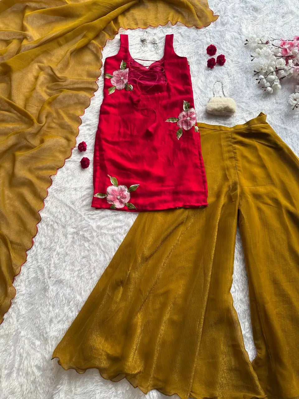 Handpainted Fendy Silk Kurta Set with Crunchy Plazo and Dupatta
