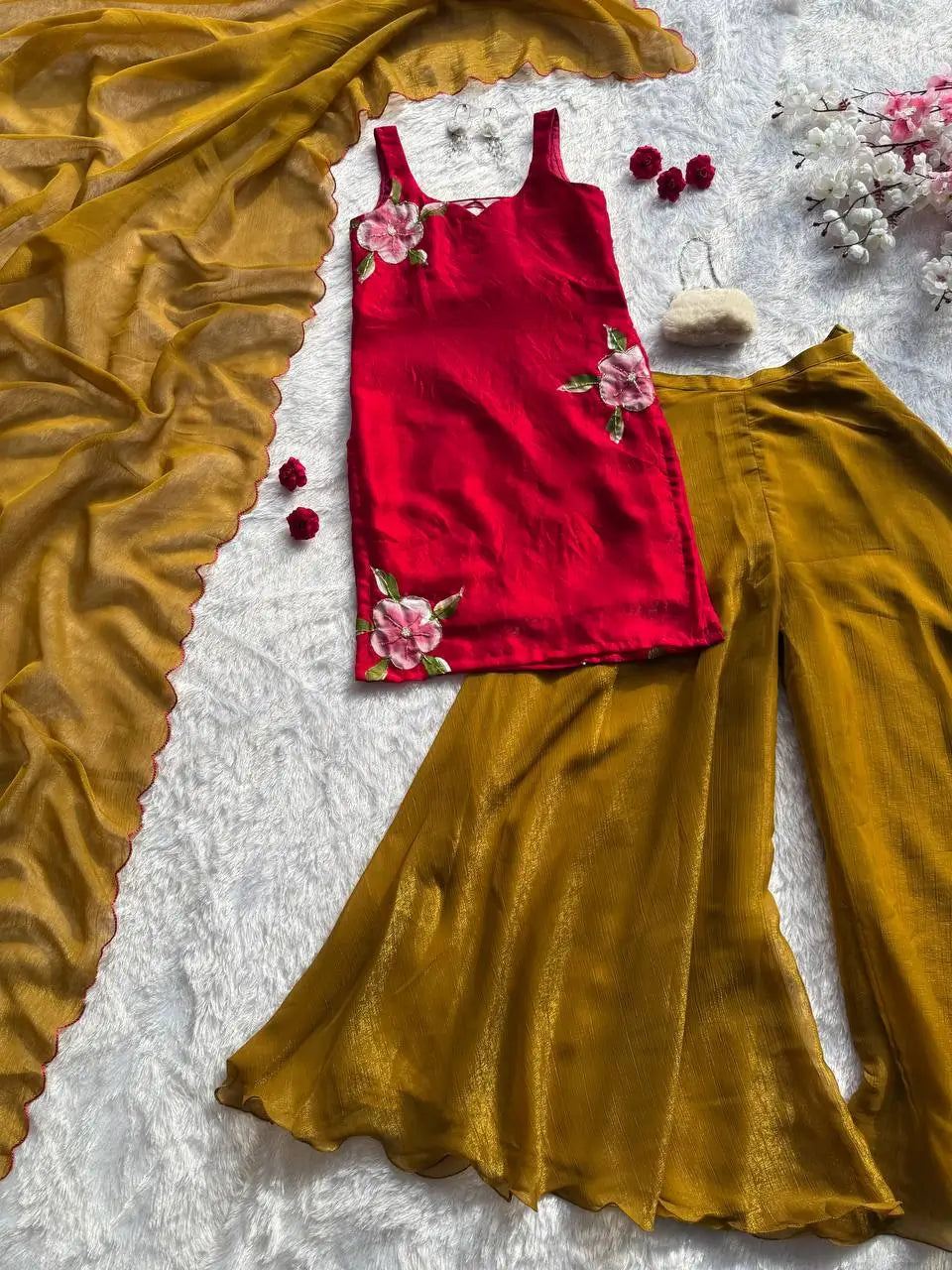 Handpainted Fendy Silk Kurta Set with Crunchy Plazo and Dupatta