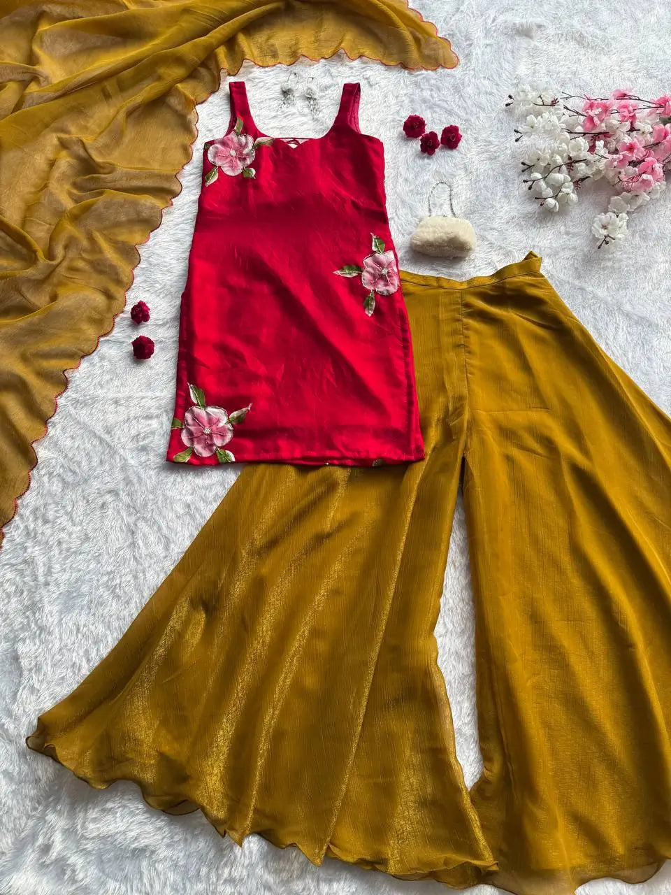 Handpainted Fendy Silk Kurta Set with Crunchy Plazo and Dupatta