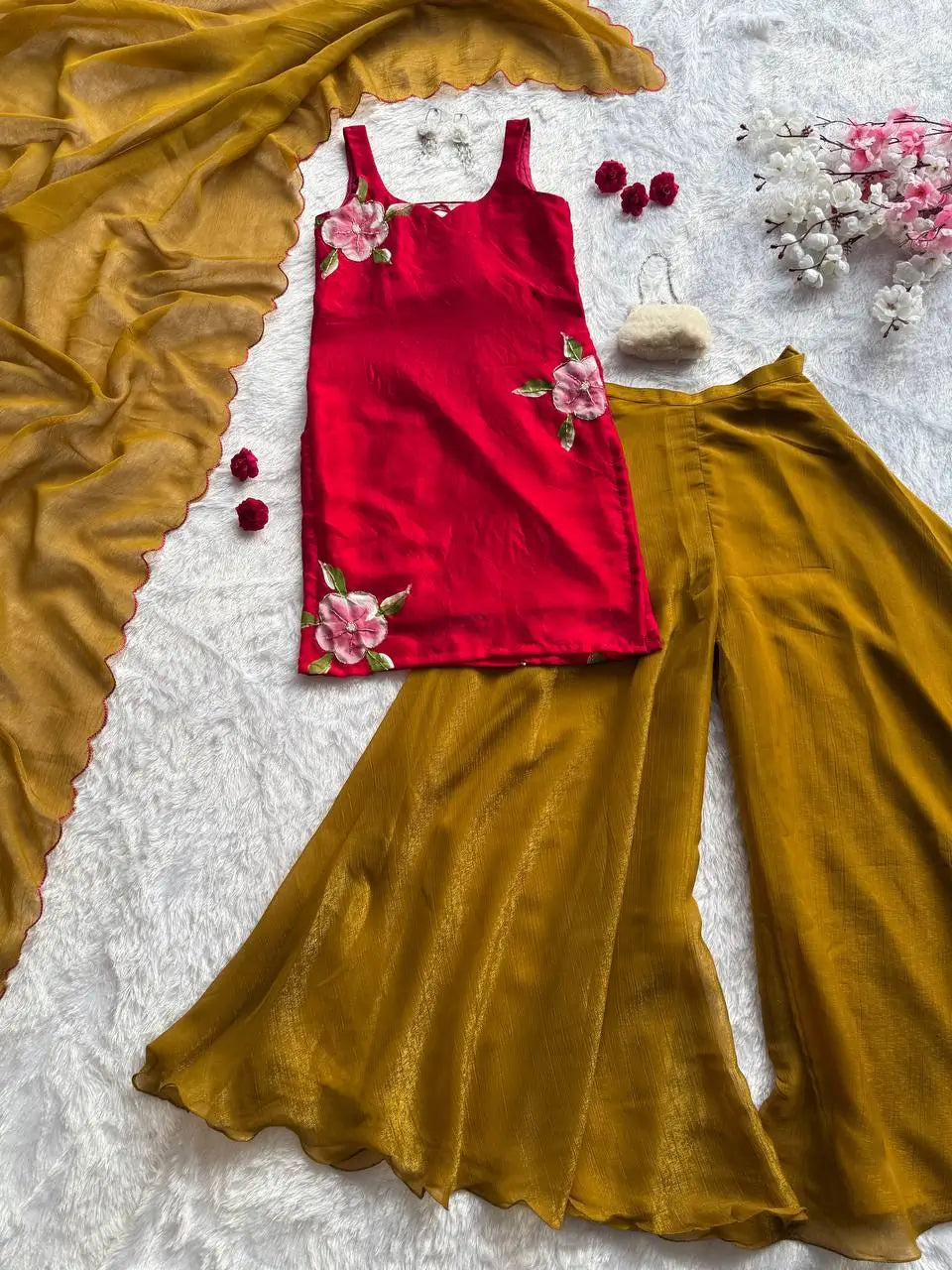 Handpainted Fendy Silk Kurta Set with Crunchy Plazo and Dupatta