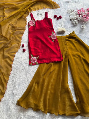 Handpainted Fendy Silk Kurta Set with Crunchy Plazo and Dupatta