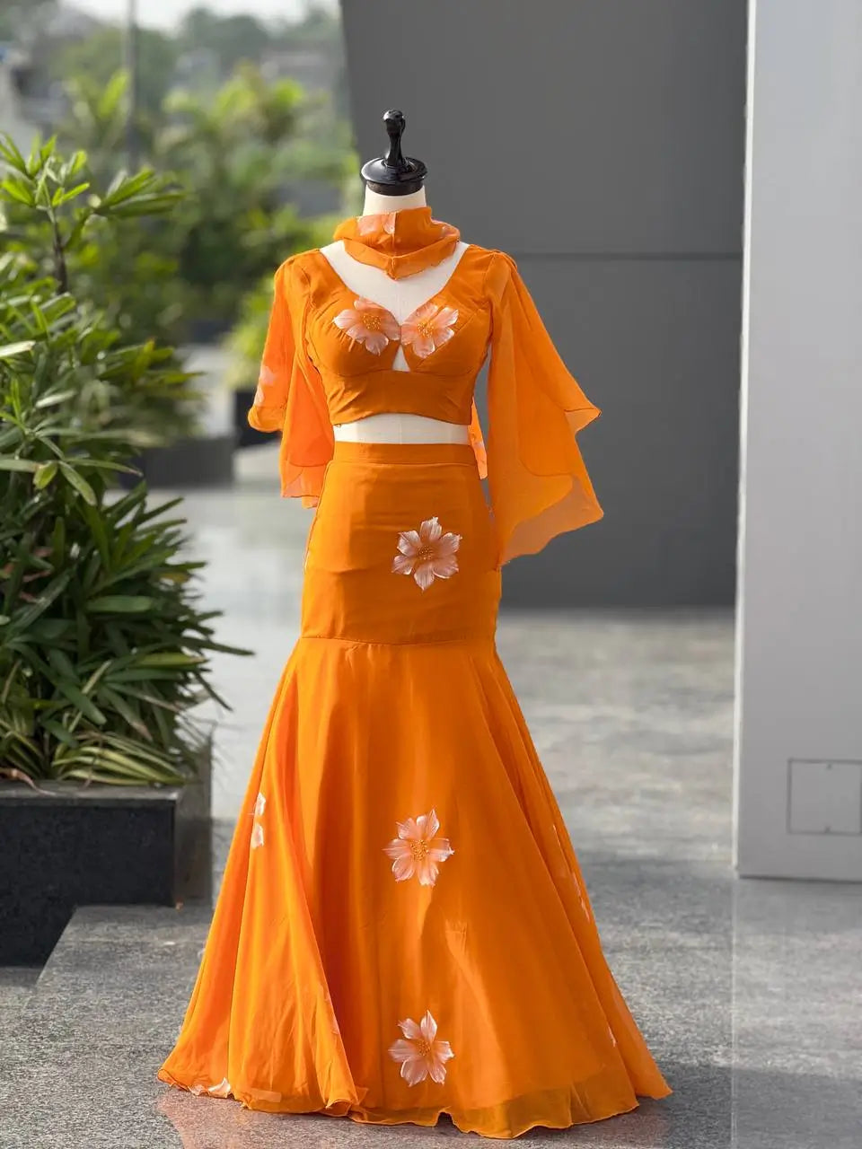 Handpainted Georgette Fishcut Lehenga Set with Ruffle Sleeve Blouse