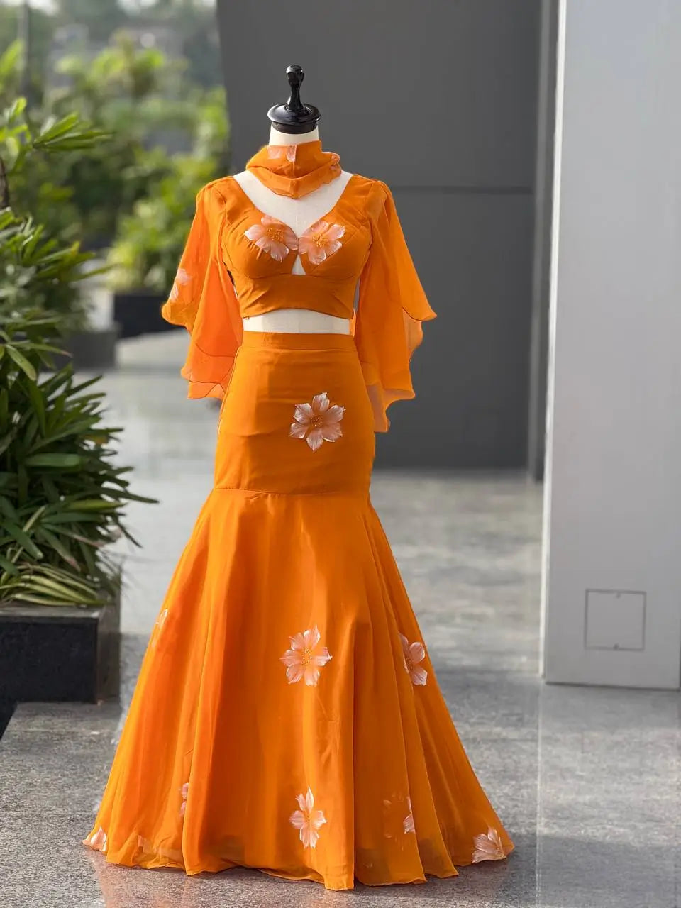 Handpainted Georgette Fishcut Lehenga Set with Ruffle Sleeve Blouse