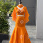 Handpainted Georgette Fishcut Lehenga Set with Ruffle Sleeve Blouse