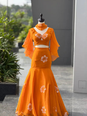 Handpainted Georgette Fishcut Lehenga Set with Ruffle Sleeve Blouse