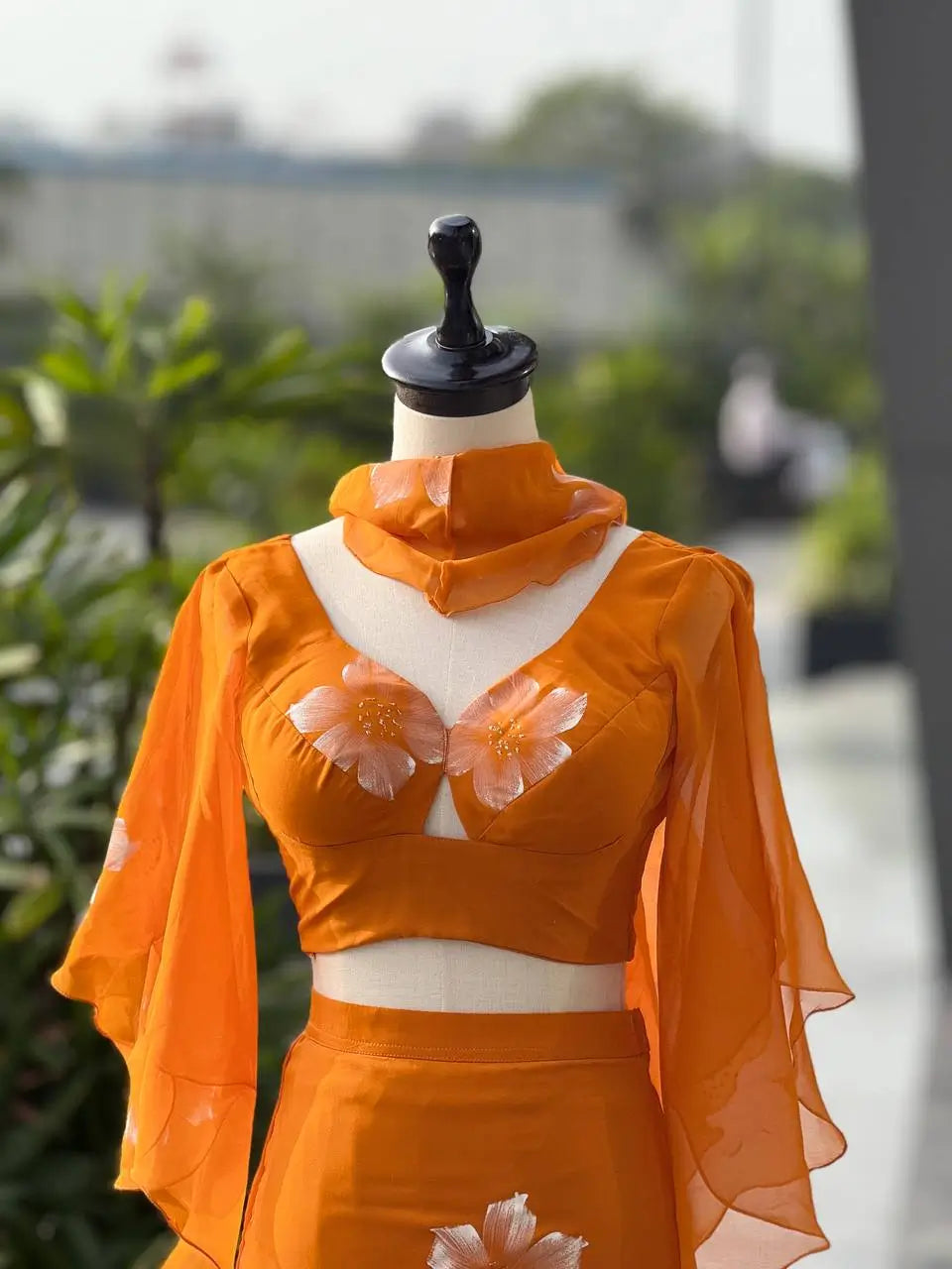 Handpainted Georgette Fishcut Lehenga Set with Ruffle Sleeve Blouse