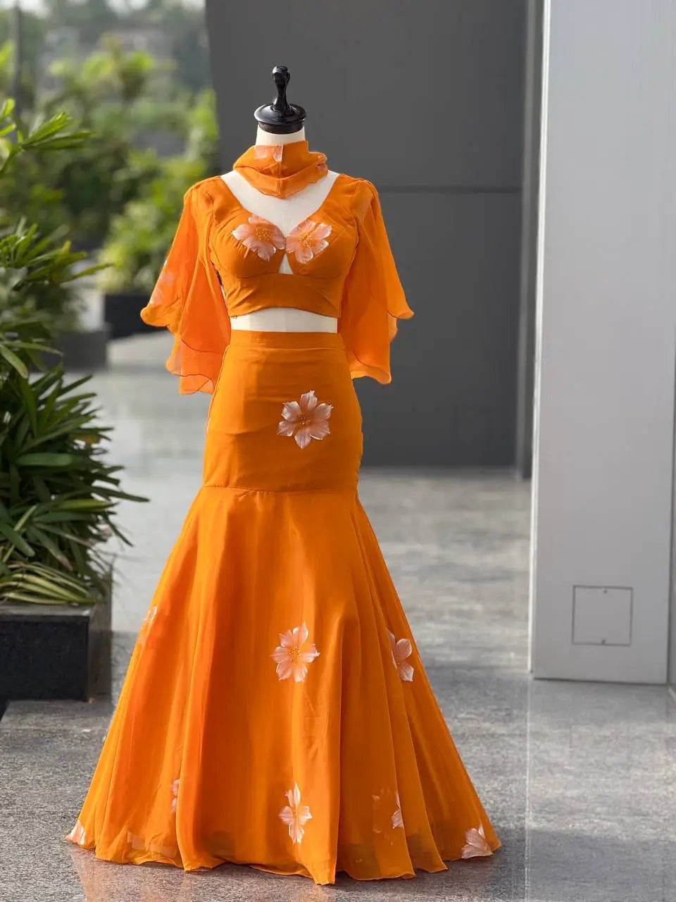 Handpainted Georgette Fishcut Lehenga Set with Ruffle Sleeve Blouse