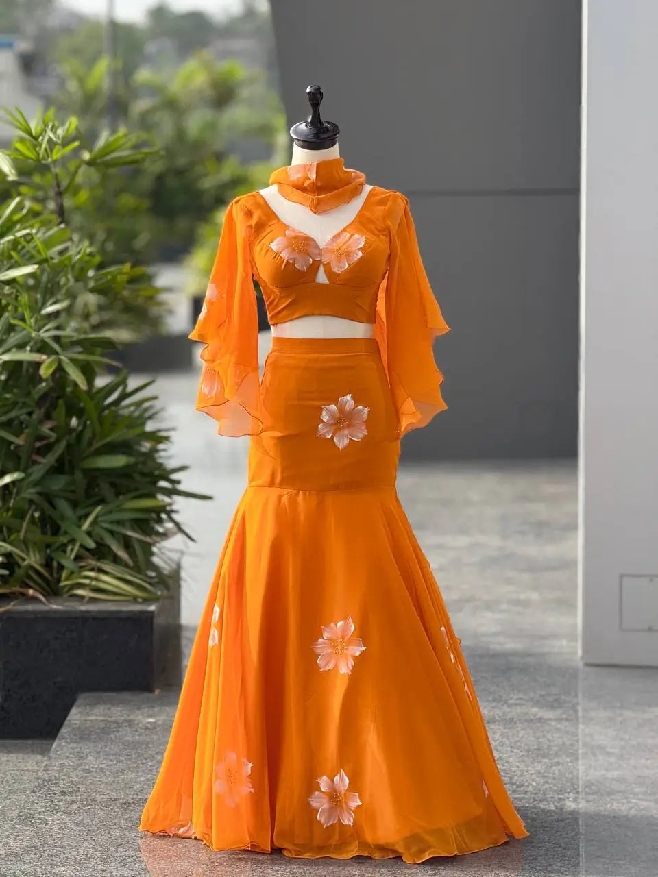 Handpainted Georgette Fishcut Lehenga Set with Ruffle Sleeve Blouse
